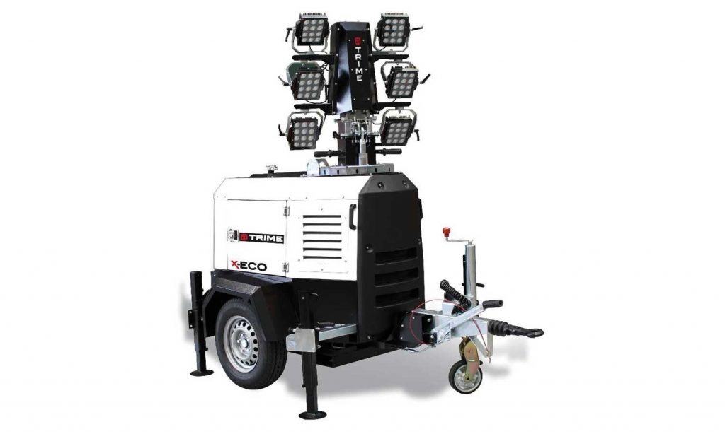 Trime lighting tower for hire, offering bright and efficient illumination for agricultural shows, food festivals, horse shows, car parks, construction sites, and outdoor events. Features a durable, weatherproof design with adjustable mast and energy-efficient lighting.