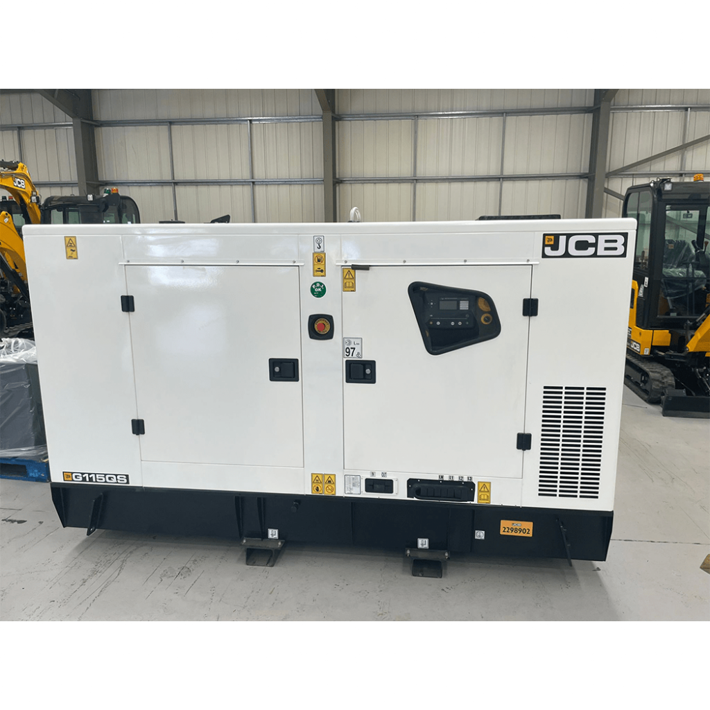 JCB G115QS diesel generator for hire, delivering reliable 115kVA power for events, food festivals, agricultural shows, horse shows, and construction sites. Features a weatherproof enclosure, advanced control panel, and easy transport options.
