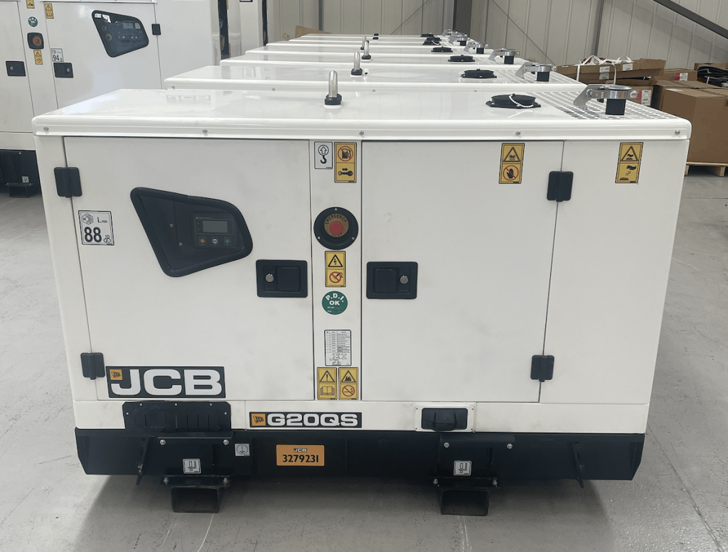 JCB G20QS diesel generator for hire, ideal for events, festivals, and construction sites. Compact, reliable power solution with weatherproof casing, control panel, and lifting points for easy transport