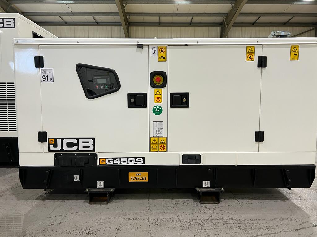 JCB G45QS diesel generator for hire, perfect for events, festivals, and construction sites. Reliable 45kVA power solution with a weatherproof enclosure, control panel, and easy transport features.