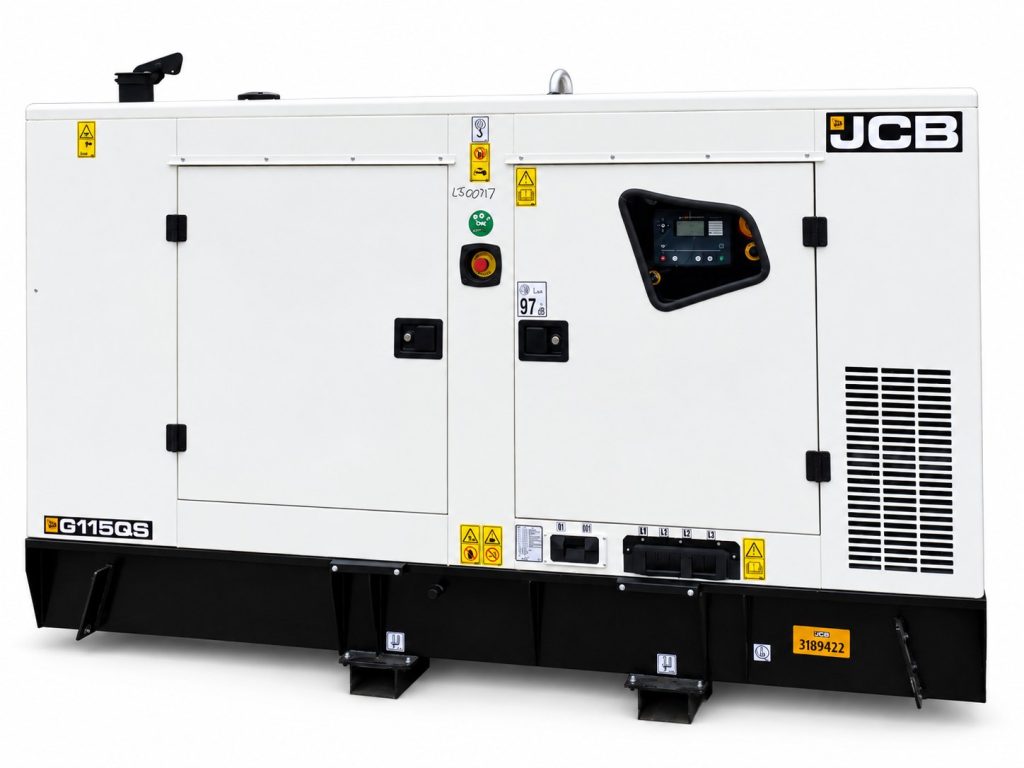 White JCB G115QS diesel generator on a white background