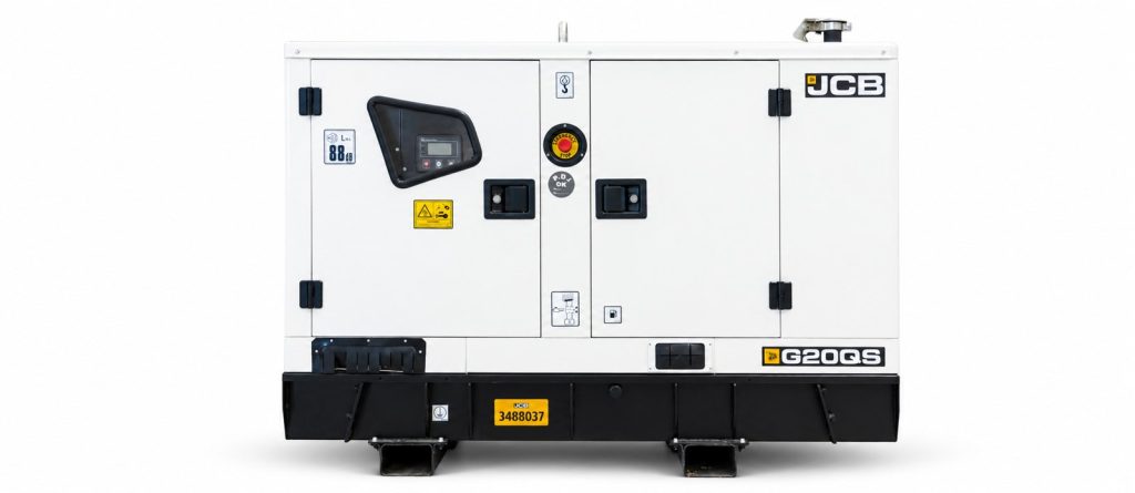 White JCB G20QS diesel generator on a white background