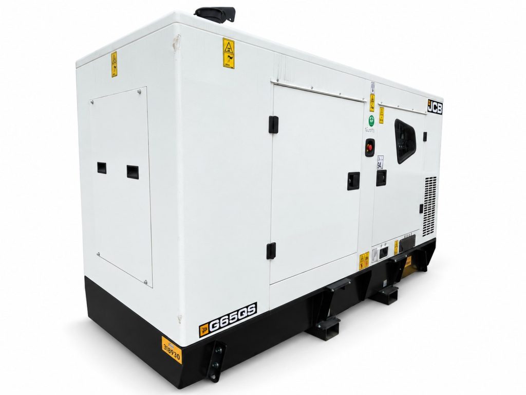 White JCB G65QS diesel generator on a white background