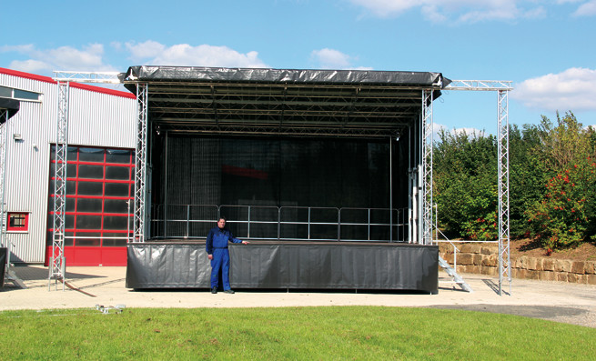 Stagemobil XL trailer stage, shown erected with roof and side wings; reference configuration
